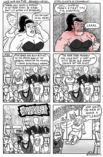 Page 155 from Love and Hex. Full transcript: https://crookedgoat.ca/comic/155/ Kayra's mother says something to set Sassy off.