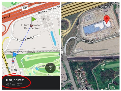 Two maps showing the distance between a new Microsoft datacenter in Etobicoke and the closest residential houses