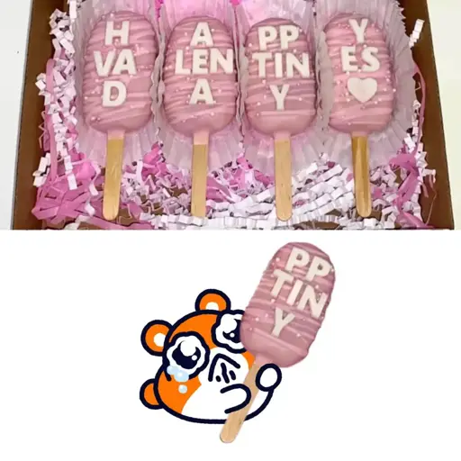 A row of four ice lollies (AKA popsicles) that are pink and have letters on them. In the row together the letters spell "HAPPY VALENTINES DAY ❤️" but individually they say "HVAD", "ALENA", "PP TINY", and "YES". the "PP TINY" is pointed out by the meme.