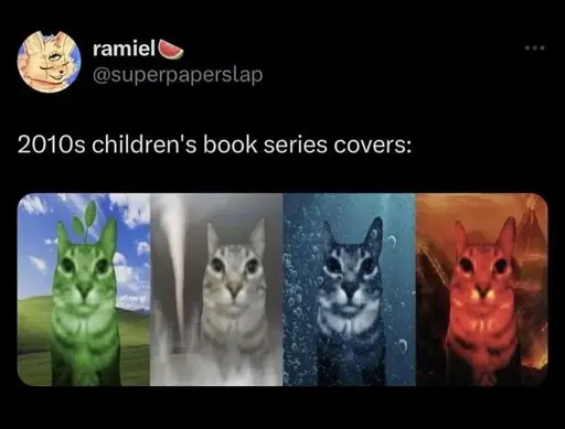 Microblog post: "2010s children's book series covers:" Four picture's of a cat, themed to different 'elements': plants, air, water, fire