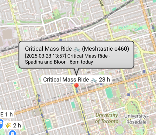 A map showing a Meshtastic waypoint of the Critical Mass Ride protest