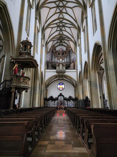 Looking from the altar towards the organ, which is high overhead and has open panels with religious scenes that cover the pipes when closed. Below it is a roundel window. The walls and ceiling are the familiar white with prominent brown ribbing/vaulting, and there are two rows of pews running from the foreground almost to the (organ) wall.