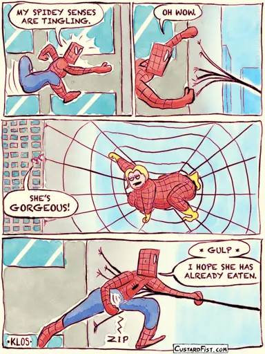 - - - This is a comic strip - - - Spider-Man is crawling on the side of some skyscraper. Suddenly, his Spidey senses are tingling. Then he sees a huge spider woman, about 100 times bigger than he is. He starts crawling towards her while unzipping his pants, thinking: “I HOPE SHE HAS ALREADY EATEN.”
