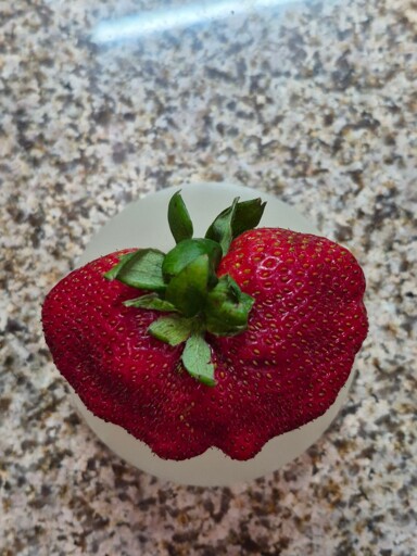 A weirdly shaped strawberry on a counter